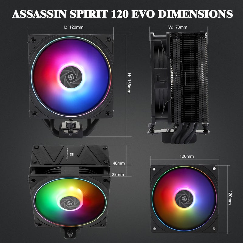 Thermalright مبرد وحدة المعالجة المركزية Assassin Spirit 120 EVO أسود، مروحة ARGB هادئة 120 مم PWM، تقنية AGHP الجيل الرابع، يدعم Intel LGA1700/1150/1151/1200، AMD AM4 AM5، مبرد كمبيوتر - Image 5